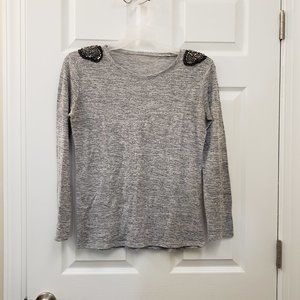 Best Mountain, Long sleeve, grey shirt with embellished stud rhinestone shoulder